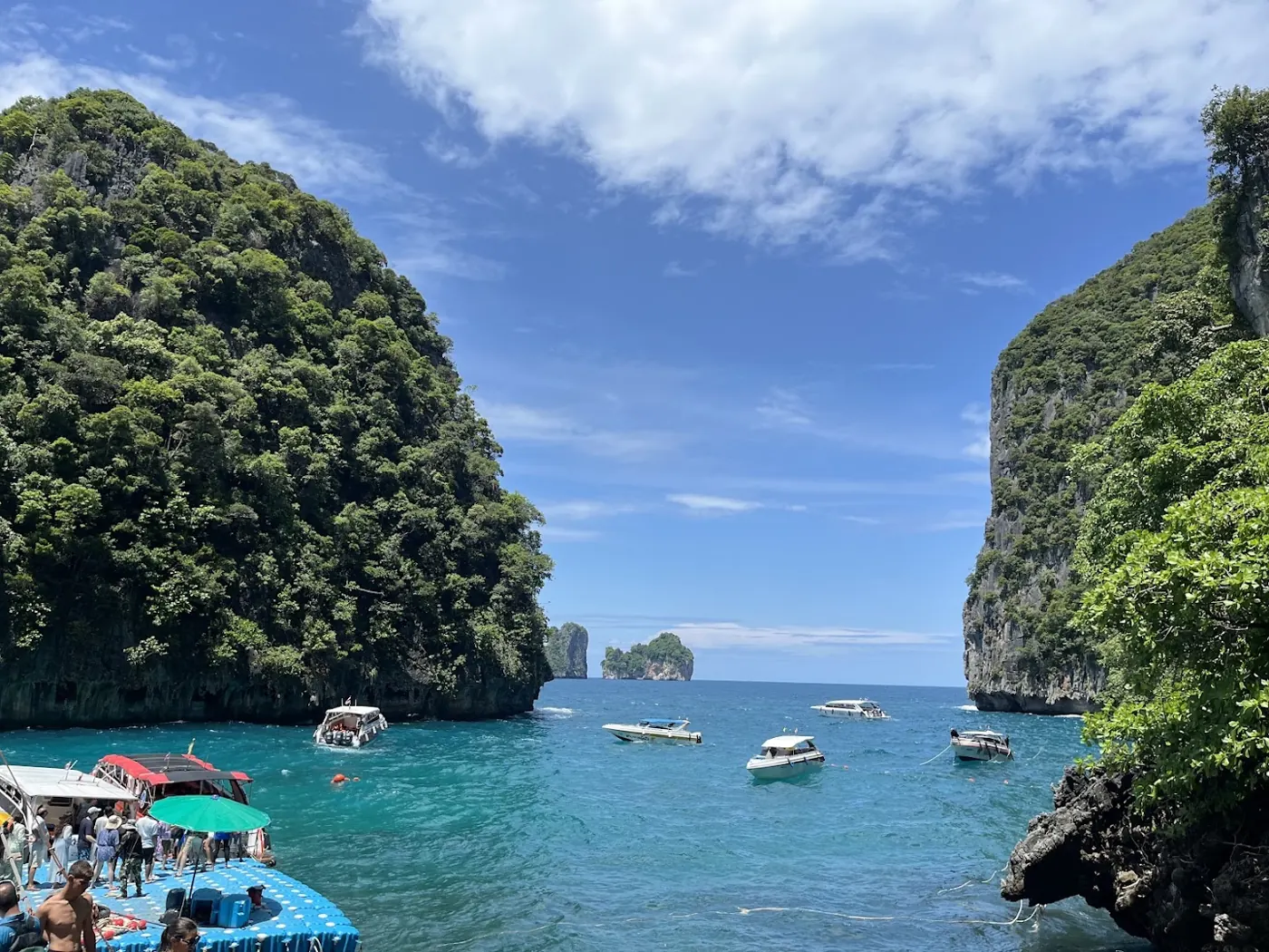 Long-tail boats moored at Maya Bay